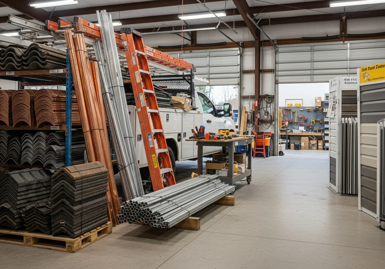 Professional roofing crew with tools and equipment ready for exterior work.