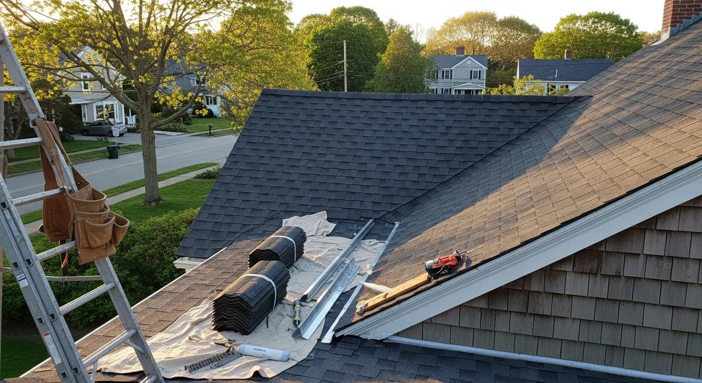 Professional roofer installing new roof shingles on residential home