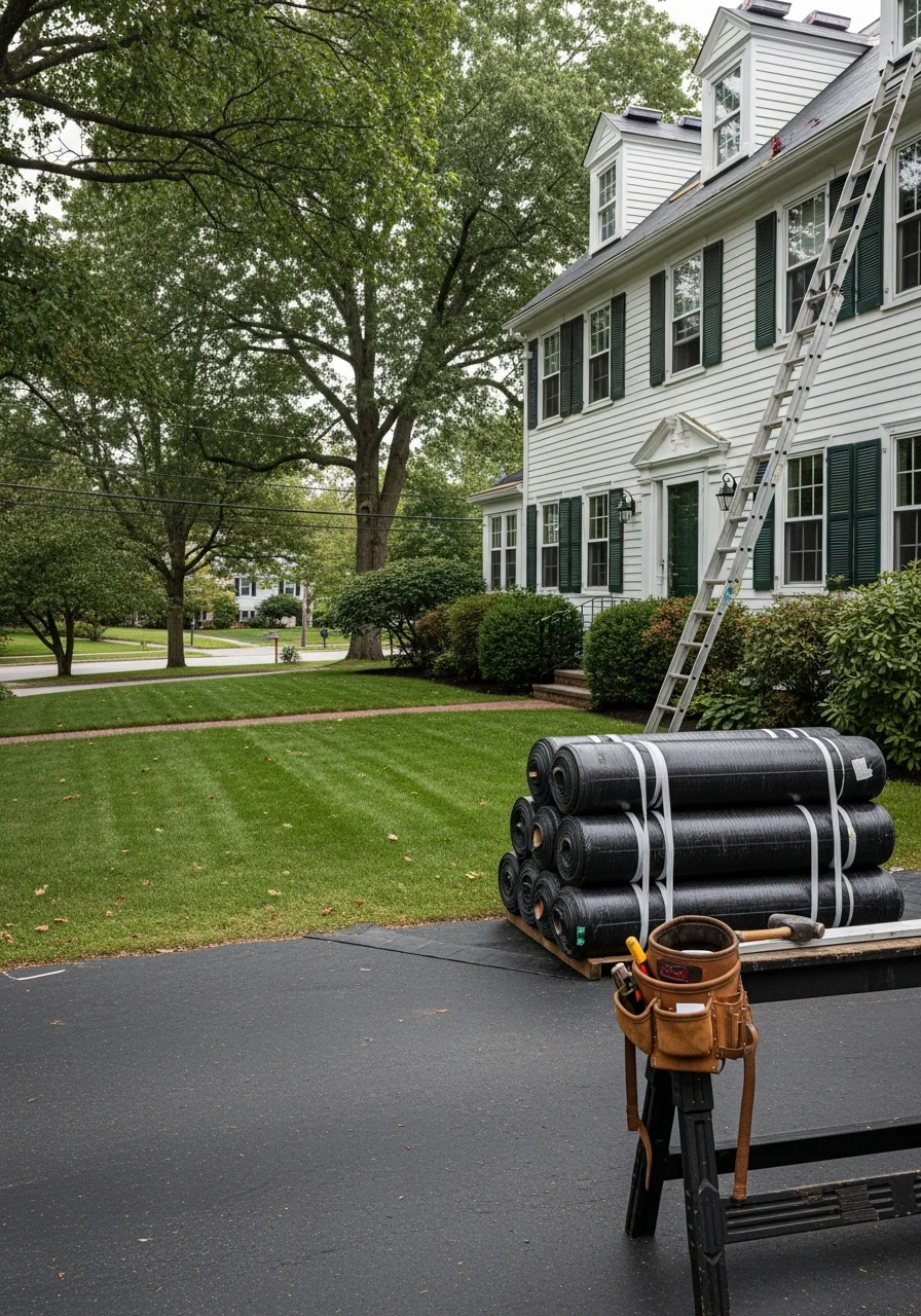 Crew member in professional work gear standing in front of an Andover home with the town's characteristic tree-lined setting.