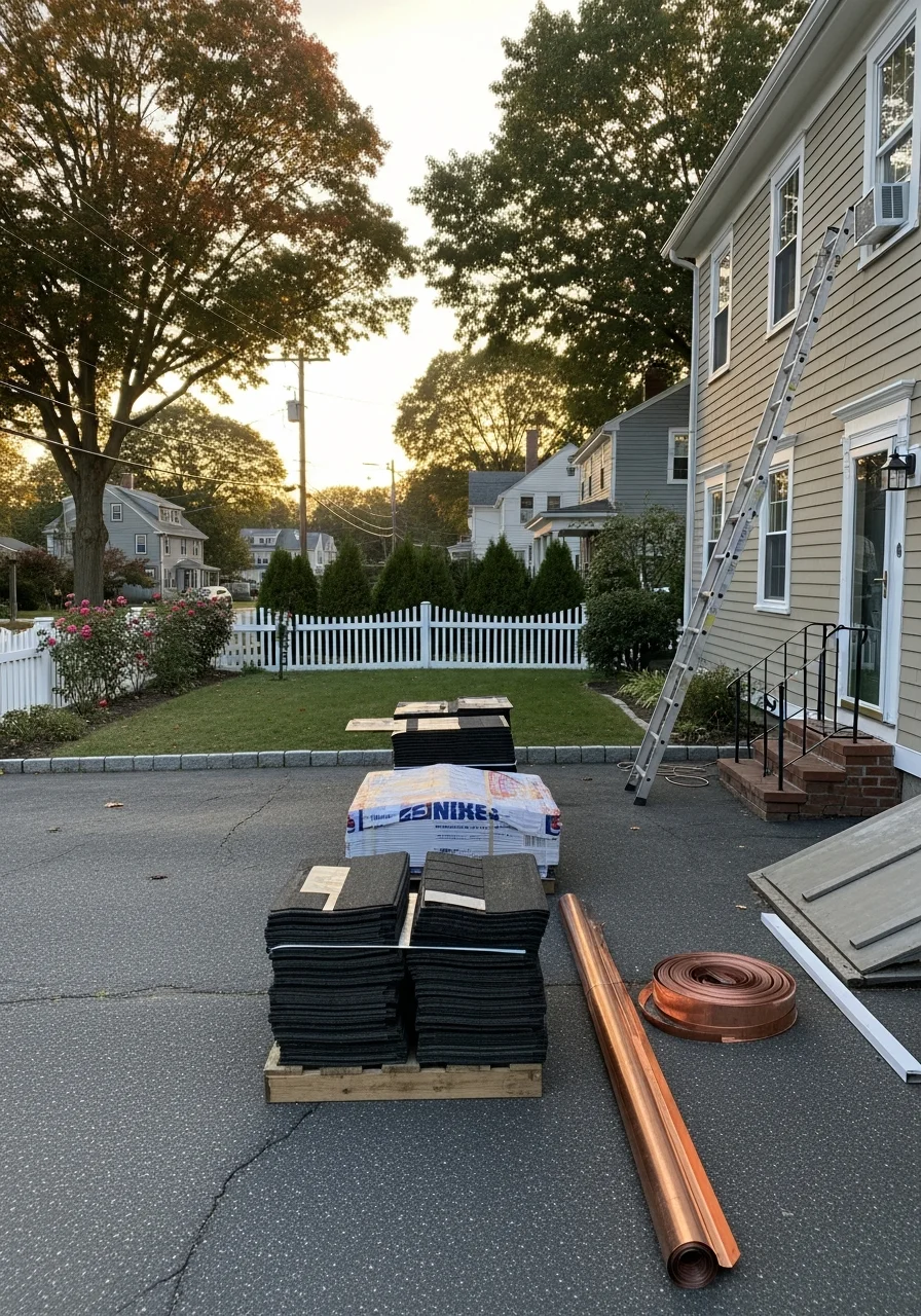 Crew member in work attire standing in front of a Chelmsford home with the town's characteristic neighborhood setting visible.
