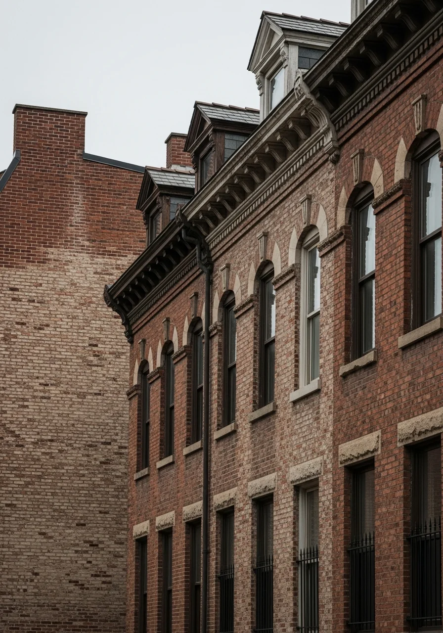 Crew member working on the exterior of a Victorian-era home in Lowell with period architectural details visible.