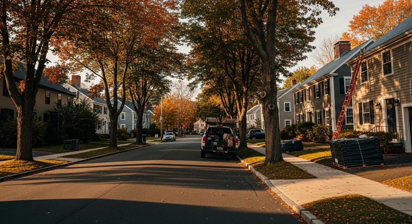 Wide view of a residential street in a Massachusetts town with tree-lined sidewalks and a mix of colonial and contemporary homes.