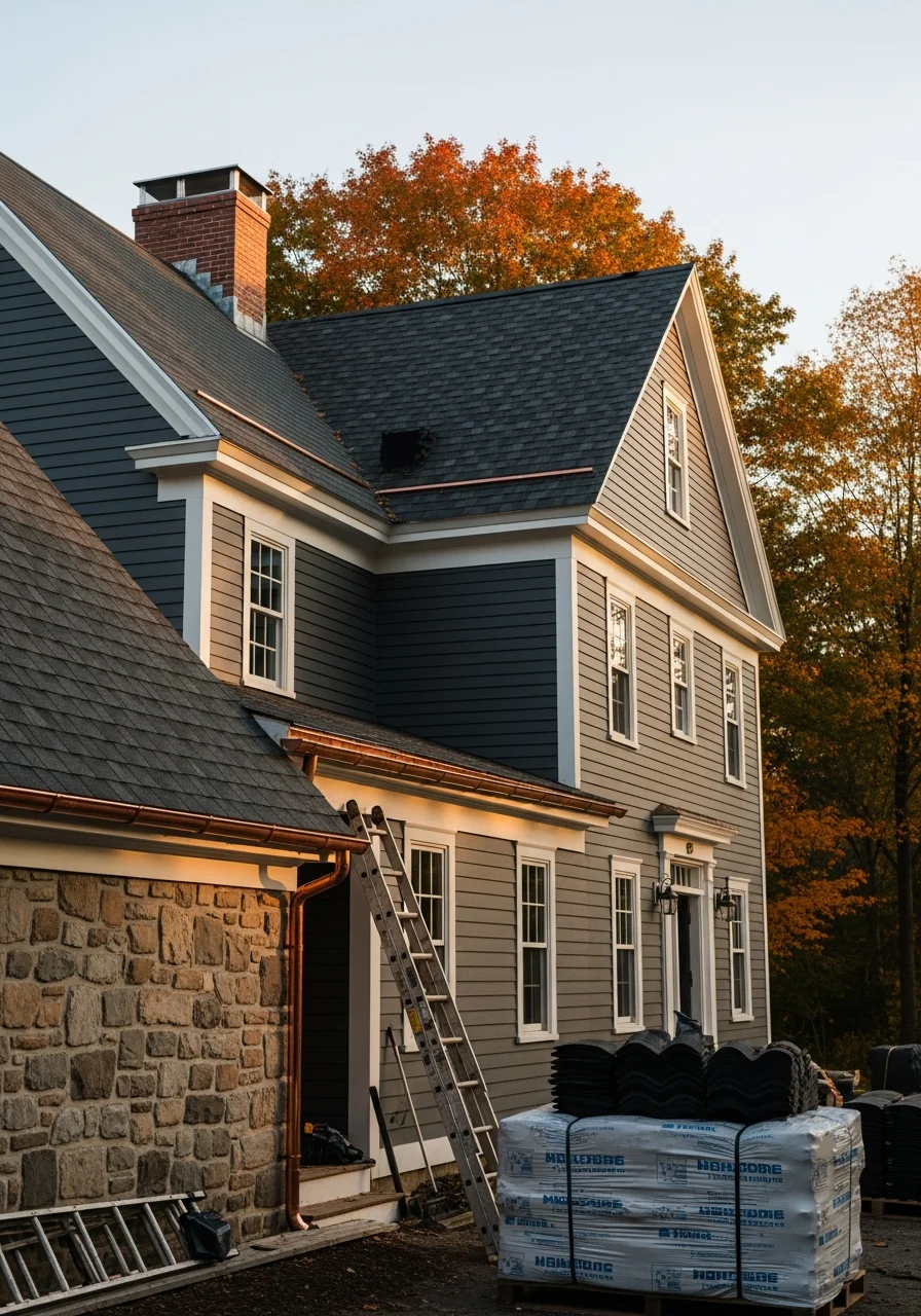 Crew member in work gear standing in front of a New Hampshire home with fall foliage in the background.