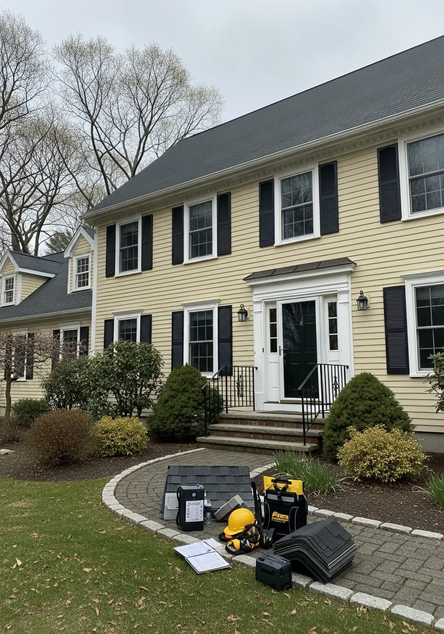 Crew member in work attire standing at the front entrance of a Westford home with the town's characteristic landscaping visible.