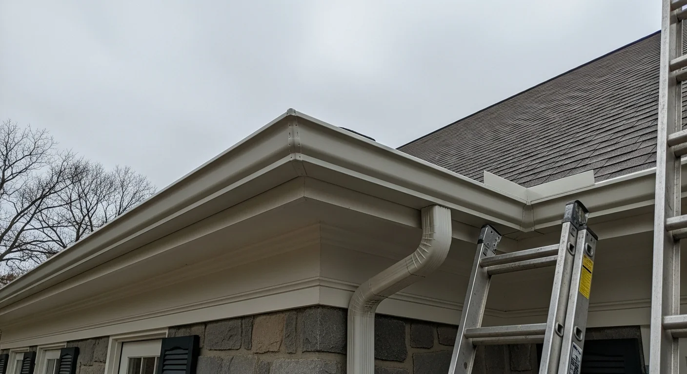 Freshly installed gutters running along the roofline of a two-story Massachusetts home, with a downspout directing water away from the foundation. The system is fitted to a Colonial-style exterior on a residential street.