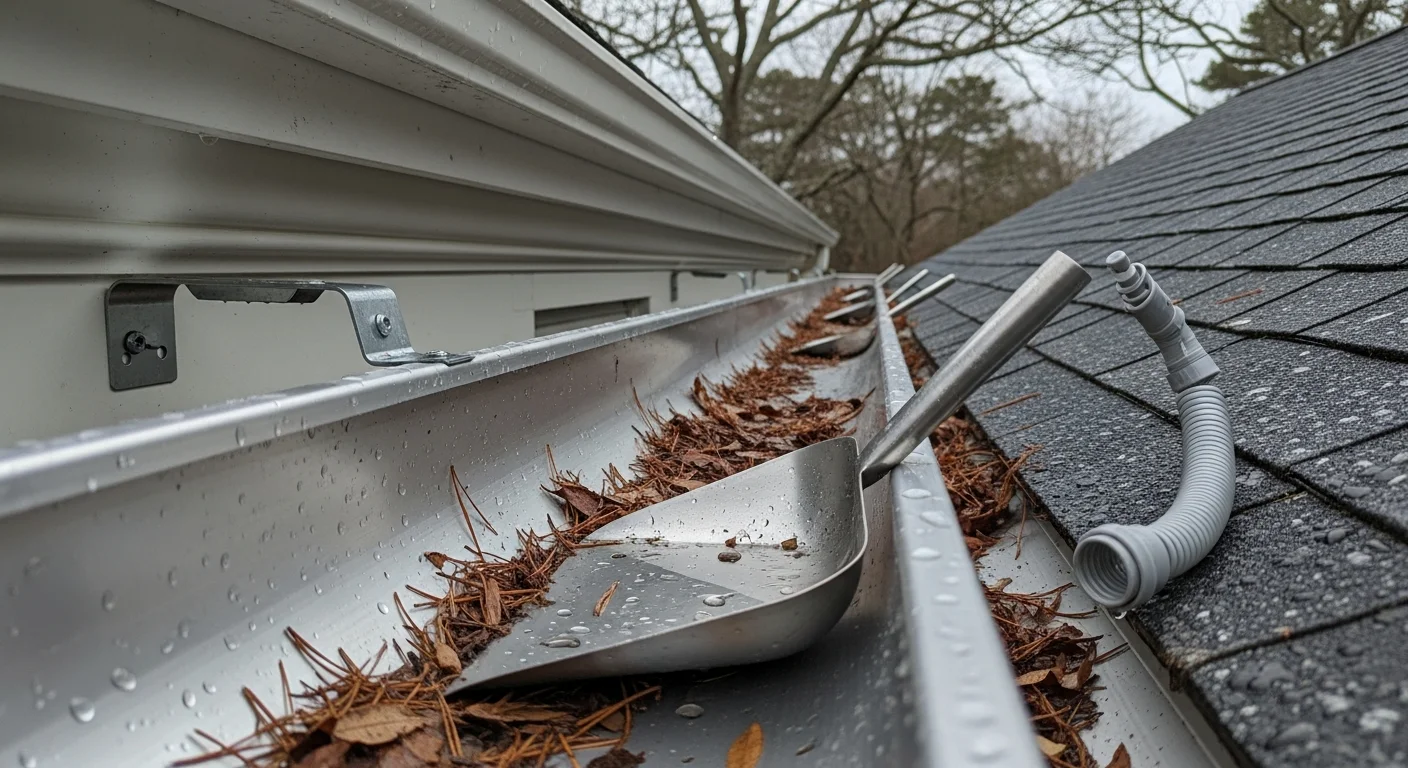 A technician from Old School Roofing clearing packed leaf debris and pine needles from a residential gutter on a Massachusetts home. The downspout is being flushed to confirm clear drainage after the maintenance visit.