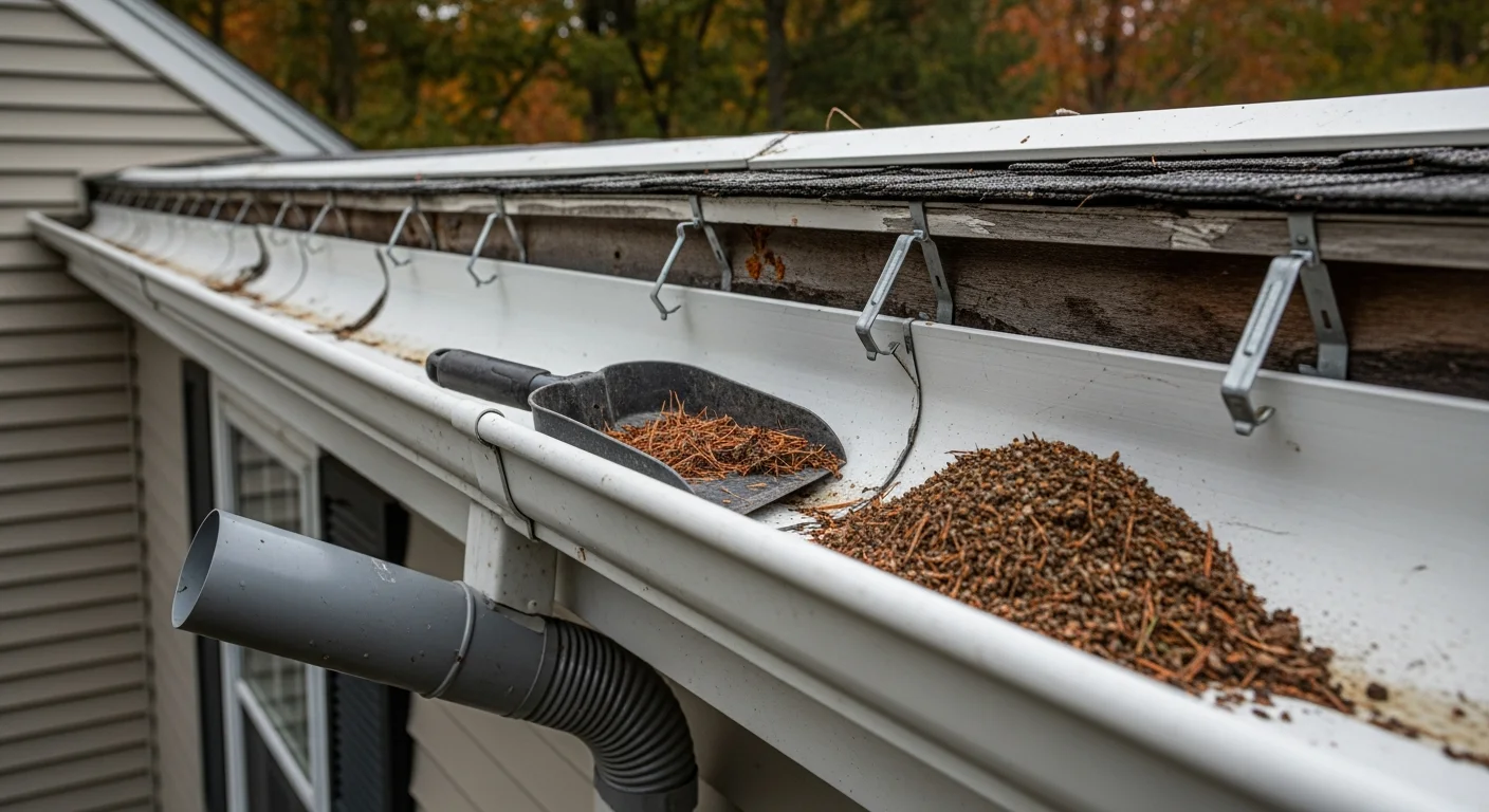 A repaired residential gutter running along the roofline of a Massachusetts home, with a reattached hanger and sealed seam visible against weathered fascia boards. A downspout directs water cleanly away from the home's foundation on a wet New England day.