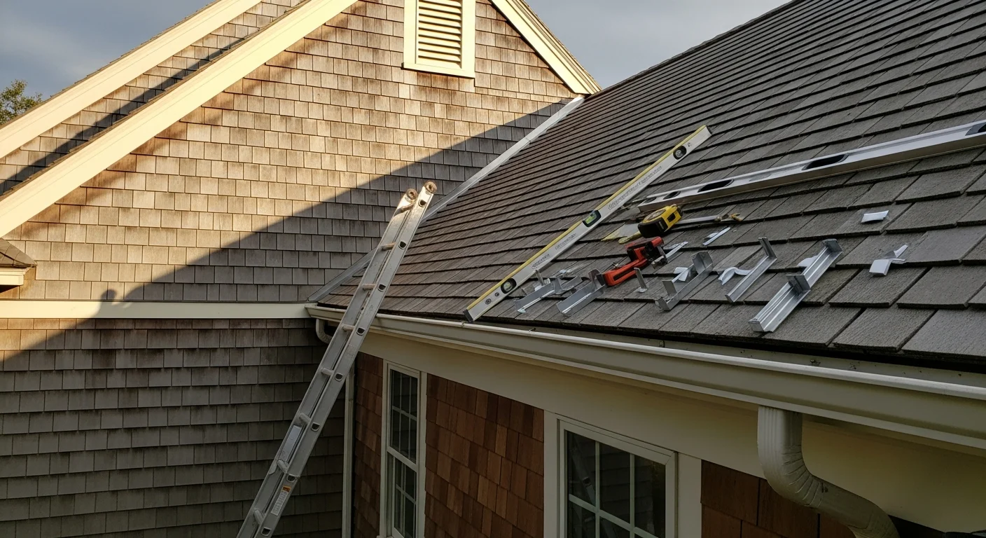 New gutters installed along the roofline of a Massachusetts home, with downspouts positioned away from the foundation. The old system has been removed and replaced with a clean, uniform run of gutters fitted to the home's fascia.