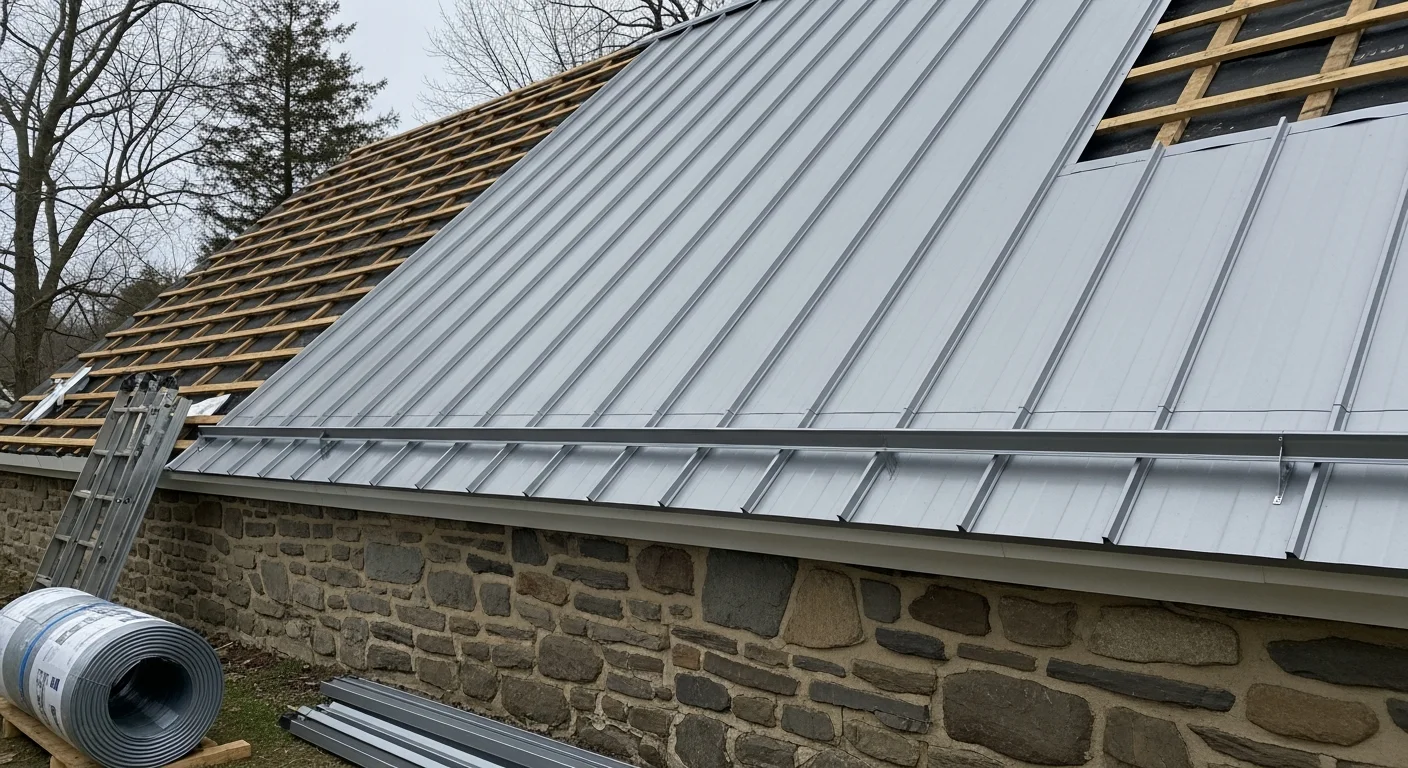 A completed metal roof installation on a residential home in Massachusetts, showing interlocked metal panels and finished ridge and eave flashing. The roof is photographed from ground level with a clear view of the full slope and clean panel lines.