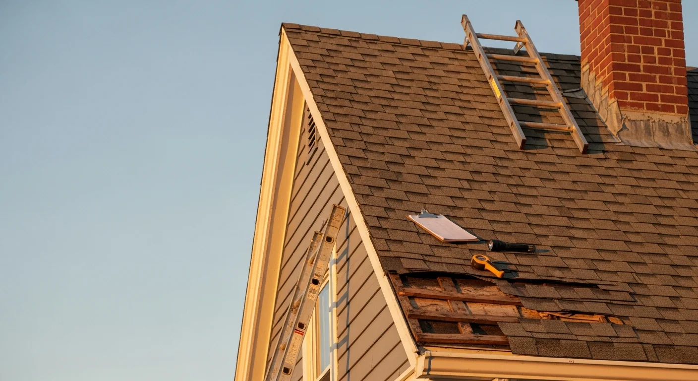 Old School Roofing contractor inspecting shingles, flashing, and ridge line on a Massachusetts residential home after winter weather. Close-up view of roof surface showing inspection of ice dam-prone eave area and chimney flashing.