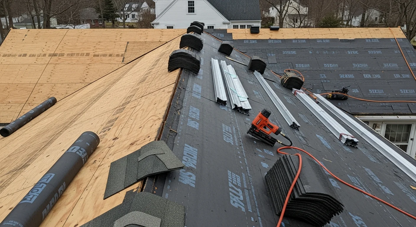 A completed residential roof installation on a Massachusetts home showing new roofing material, clean ridge lines, and properly sealed eaves. The home reflects a typical New England structure with steep-slope geometry suited for heavy snow and ice conditions.
