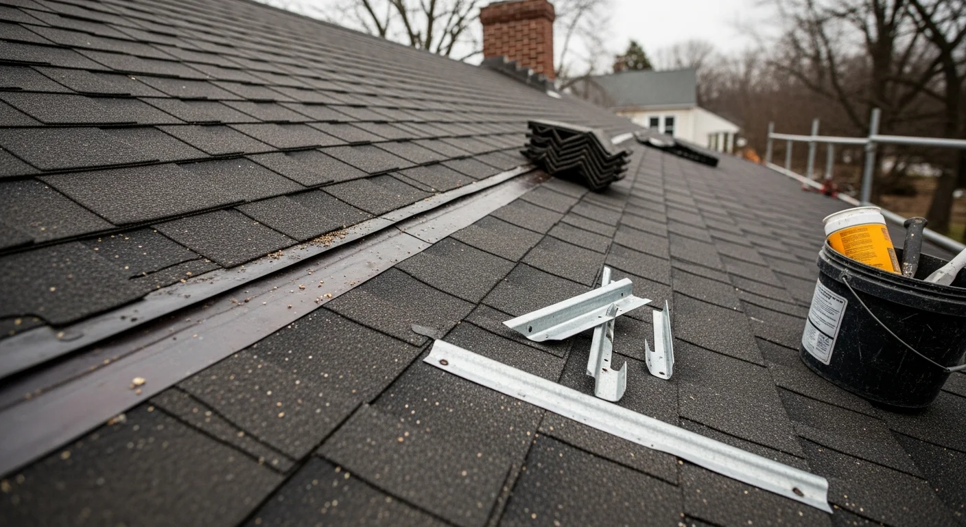 A Massachusetts residential roof after repair showing replaced shingles and resealed flashing around a chimney. The home exterior reflects typical New England architecture with a steep-pitched roof designed to shed heavy snow.