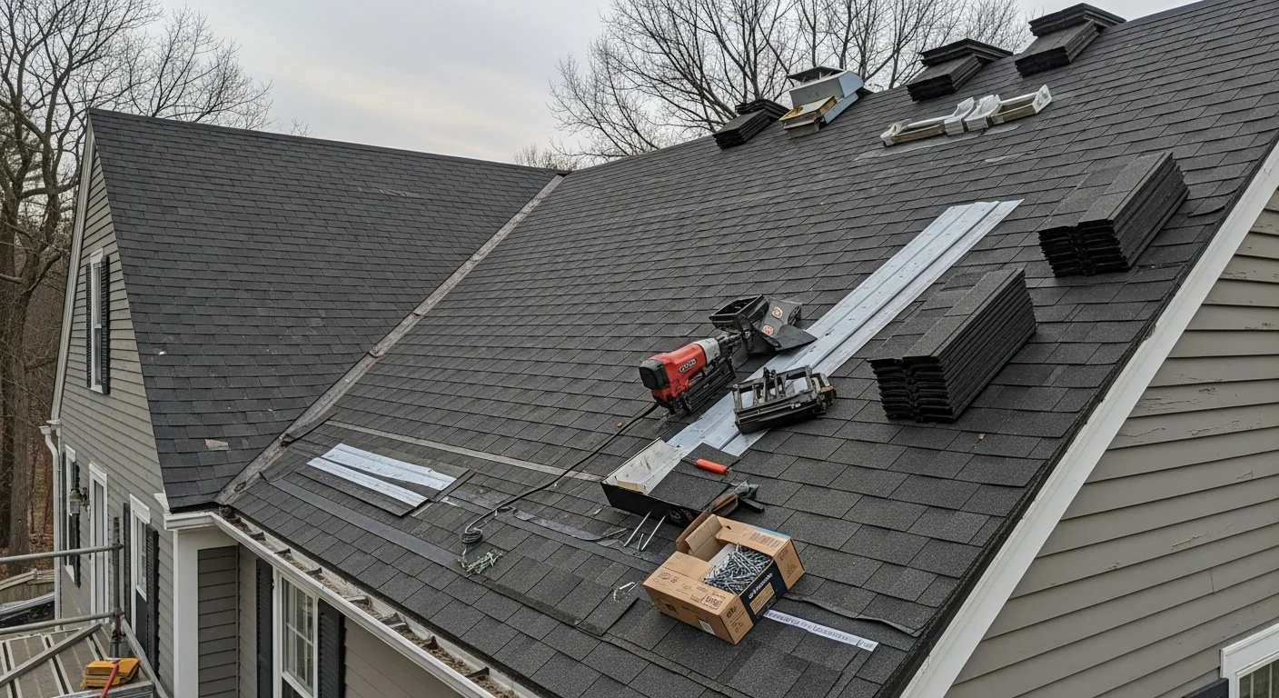 A completed residential roof replacement on a Colonial-style home in Massachusetts, showing new shingles installed over a clean deck with updated flashing along the ridge and eaves. The finished roof sits against a clear New England sky with mature trees visible in the background.