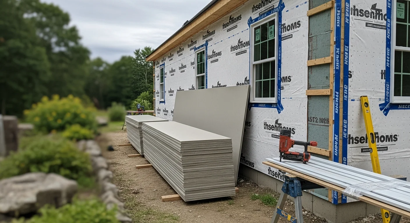 A Massachusetts home with newly installed siding showing clean panel lines, finished trim at the windows and corners, and a weather-tight exterior ready for New England winters. The installation covers the full front elevation of a two-story residential property.