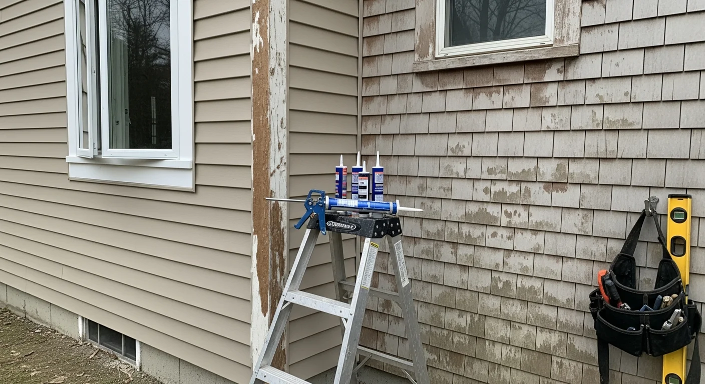 A Massachusetts home exterior showing repaired siding panels along the front facade, with clean seams and consistent color matching the surrounding courses. Close view of a completed siding repair section near a window trim, set against a typical New England residential streetscape.