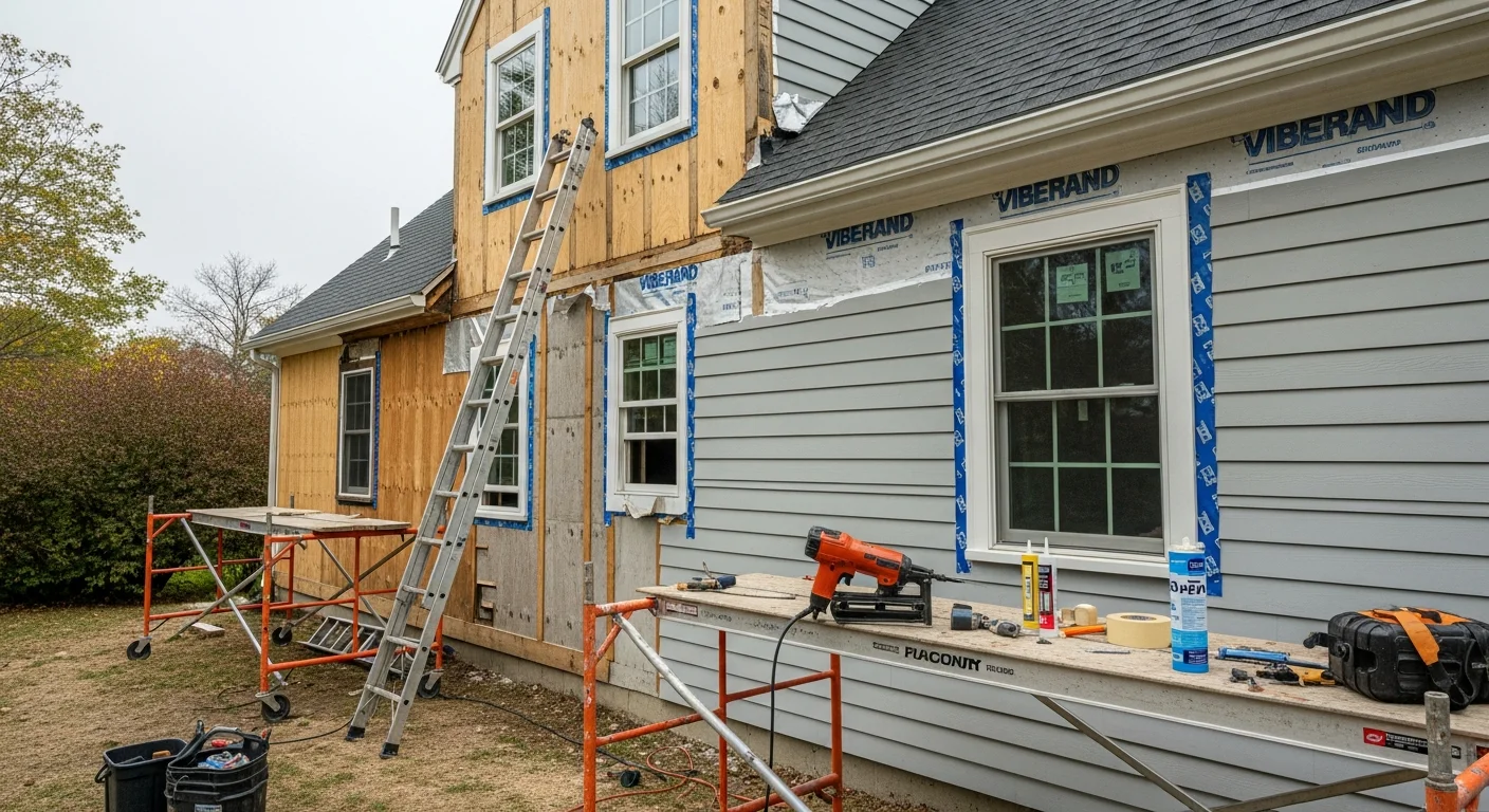 A Massachusetts home with newly installed siding showing clean trim lines at window and door edges. The exterior reflects a completed full re-side on a New England residential property with visible corner and roofline detailing.
