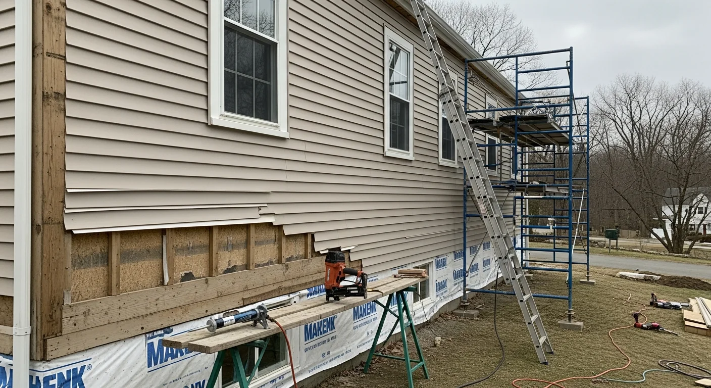 A Massachusetts residential home with newly installed vinyl siding showing clean panel alignment, finished corner trim, and a weather-tight exterior. The home exterior reflects a completed vinyl siding installation by Old School Roofing, a siding contractor serving Massachusetts homeowners.
