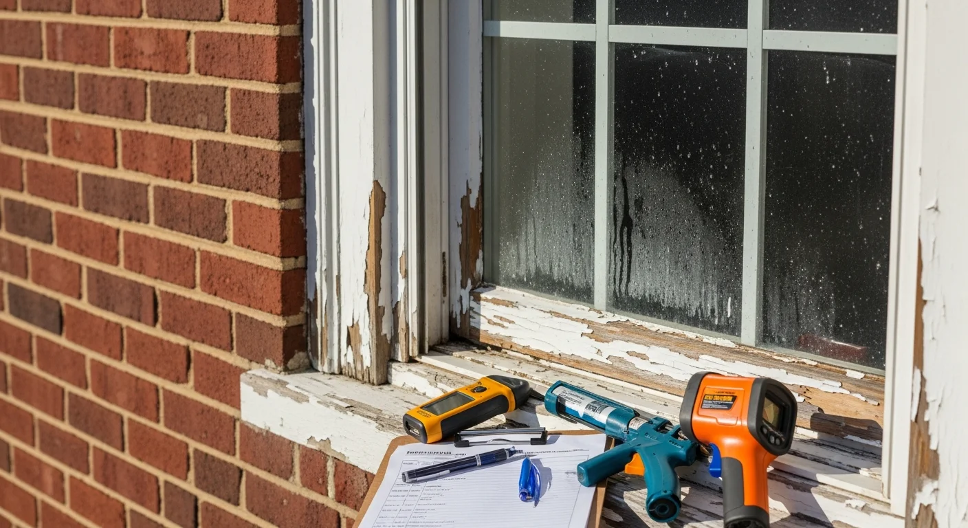 An Old School Roofing technician examining a residential window frame and seal on a Massachusetts home exterior. The inspection focuses on the sill, caulking line, and glass pane condition.