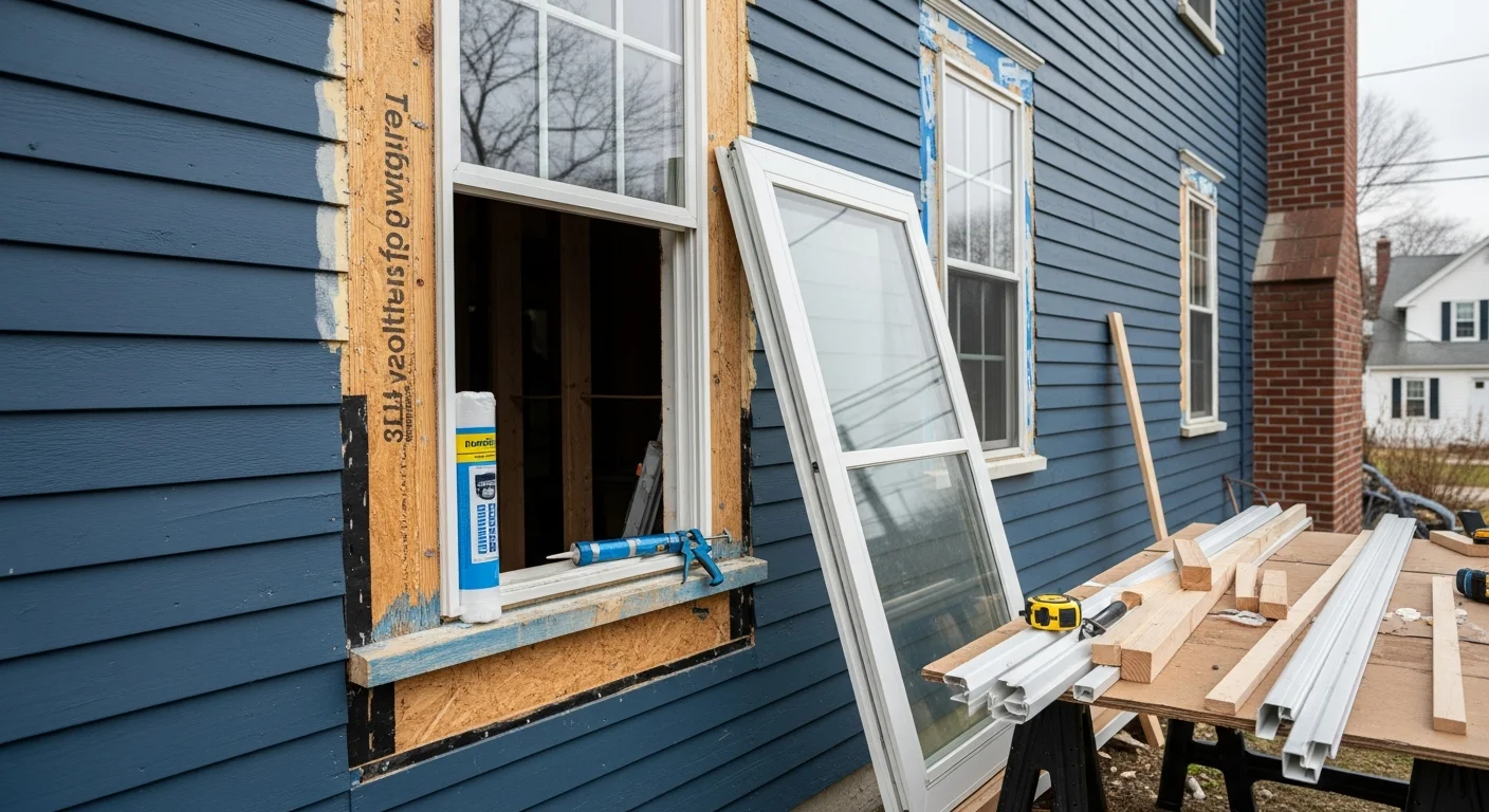 A Massachusetts residential home exterior showing newly installed replacement windows with clean trim and tight frame seals. The windows are set into a traditional New England-style facade with no visible gaps or weathering around the openings.
