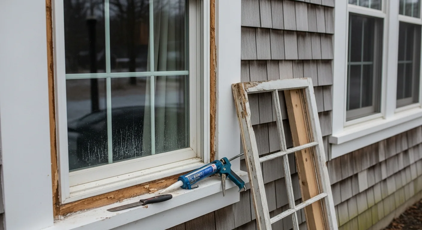 A Massachusetts residential home with a repaired double-hung window showing a restored wood frame and clear, fog-free glass. Close-up view shows fresh weatherstripping and properly seated hardware on the window sash.