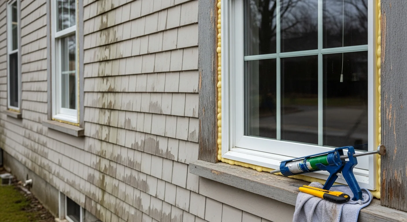 A Massachusetts home exterior showing newly installed replacement windows with clean frames and tight weathersealing. The windows are flush with the siding, reflecting the overcast New England sky.