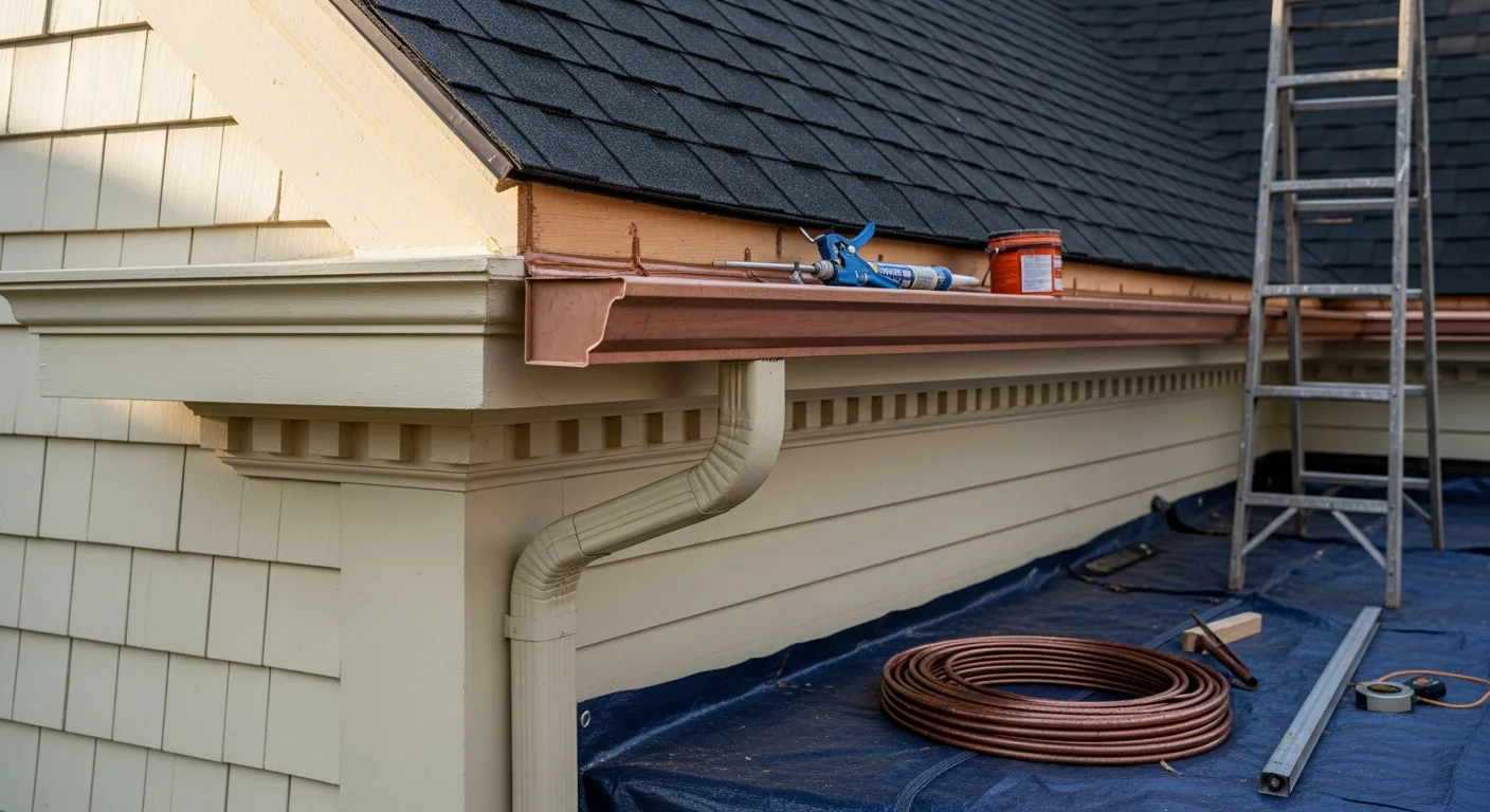 Freshly installed wood gutters running along the roofline of a traditional Colonial-style home in Massachusetts. The natural wood profile integrates with the painted trim and cornice, with a downspout directing water away from the foundation.
